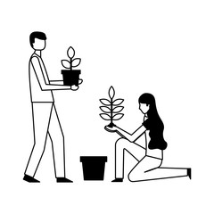man and woman holding potted plants