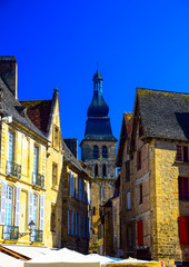 View of the main square in the medieval village of Sarlat-La-Caneda in the Dordogne region of France
