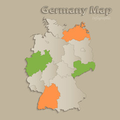 Germany map with individual states separated, infographics with icons vector