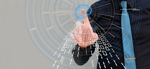 Man touching glowing poligonal brain with tip of the finger, virtual riality, artifical intelligence concept