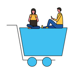 couple online shopping cart with laptop and mobile