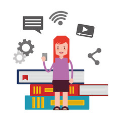 woman using mobile books social media