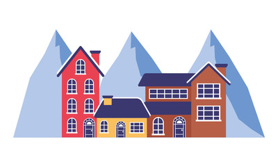 three houses and mountains landscape