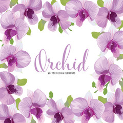 Beautiful orchid flower frame on white background. Vector set of exotic tropical garden for holiday invitations, wedding, greeting card and fashion design.