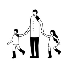 father holding hands her son and daughter