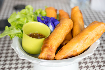Spring Rolls with sauce on the plate
