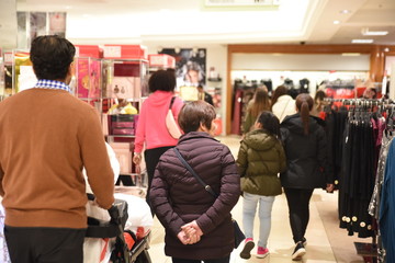 A group of mall shoppers search for Black Friday deals.