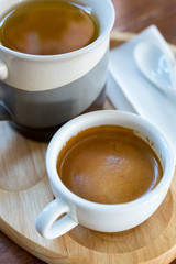 Hot espresso  coffee  and tea on wood table