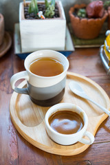 Hot espresso  coffee  and tea on wood table