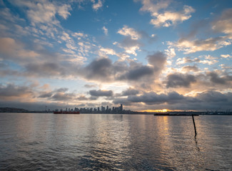 Sunrise On the Side of Downtown Seattle With Cloudy Skies