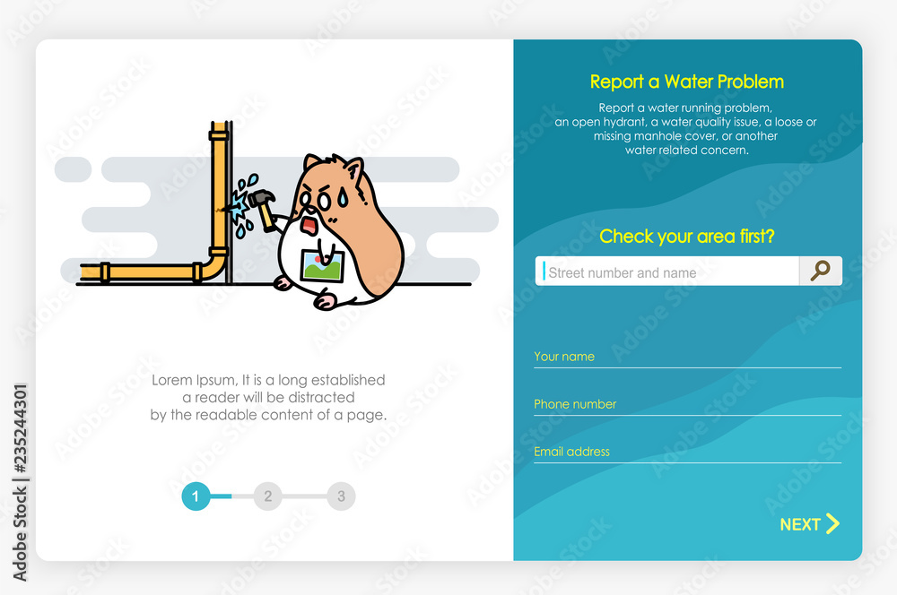 Wall mural onboarding screens design in report a water problem and form. modern and simplified vector illustrat