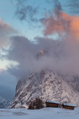 Fototapeta na wymiar snowy early winter landscape in Alpe di Siusi. Dolomites, Italy - winter holidays destination