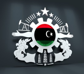 Mining industry emblem. Human arms and cog wheel. Sphere textured by flag of Libya. 3D rendering