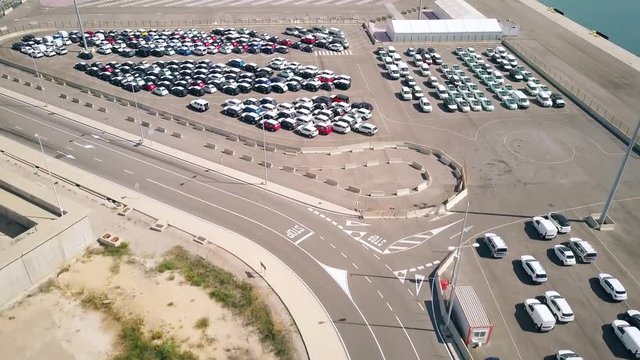 Aerial view of new car terminal at seaport