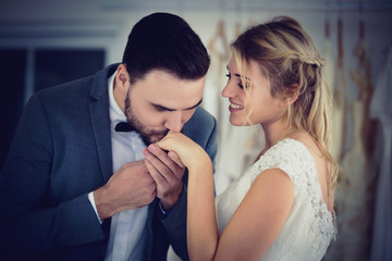 Beautiful model wedding couple in studio shop picture vintage style tone
