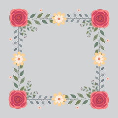 Floral greeting card and invitation template for wedding or birthday anniversary, Vector square shape of text box label and frame, Red rose flowers wreath ivy style with branch and leaves.