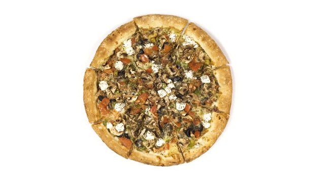 Rotating pizza with smoked sausage and olives on a white background. Top view center orientation