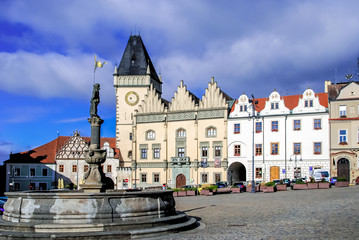 Fototapeta na wymiar Square of Jan Zizka, Town hall and fountain, Tabor, Czech Republic