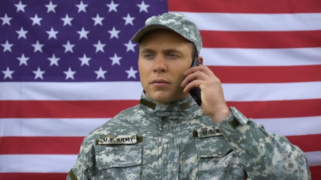 American sergeant talking phone, security system, wireless cooperation, gadget