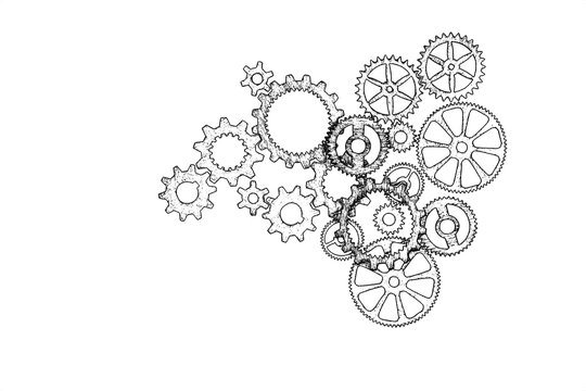 Gears on white background. illustration. Conceptual image of industry, connection, mecanics or team work. 