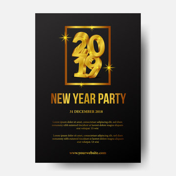 Happy new year poster party invitation 2019  with 3d gold number with frame. vector illustration. poster banner template