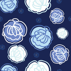 Colorful stylized floral pattern on dark blue background. Beautiful and unique roses in shades of blue. For textiles, fashion, home decor, pillows, wrapping paper, invitations, cards and wallpaper.