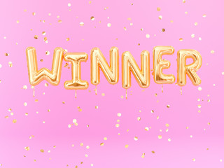Winner sign letters with golden confetti. Banner word winner design pink background. 3d rendering