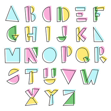 Line hand drawn alphabet with colorful shadow. Vector illustration