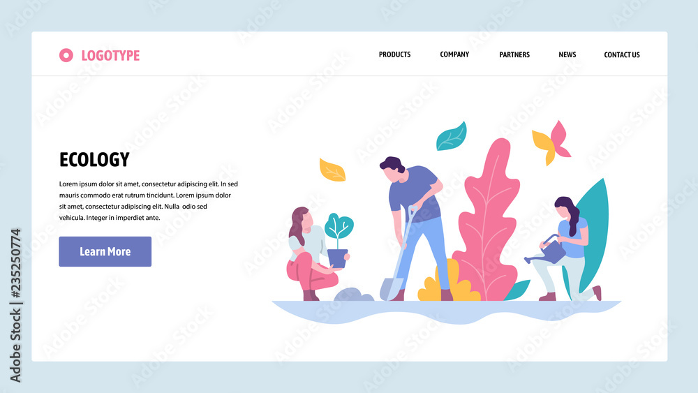 Wall mural vector web site gradient design template. people plant tree in a park. landing page ecology concepts