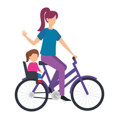 young mother in bicycle with daughter