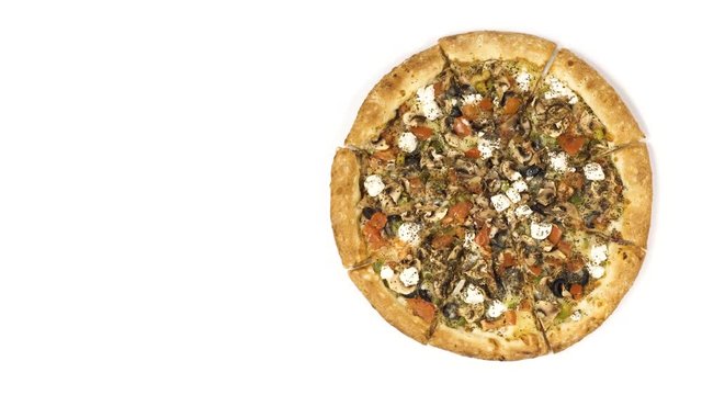 Rotating pizza with smoked sausage and olives on a white background. Top view center orientation