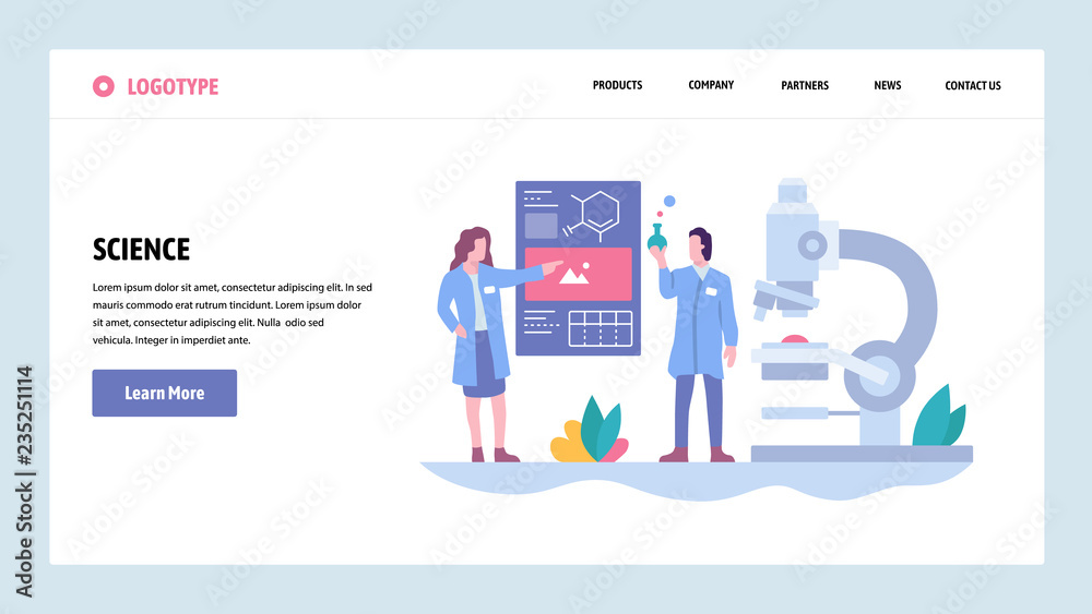 Aufkleber vector web site gradient design template. science experiment in a lab. scientists, microscope, flask