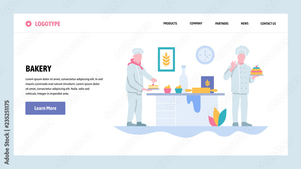 Wall mural vector web site gradient design template. bakery shop and chef cooking cake. landing page concepts f