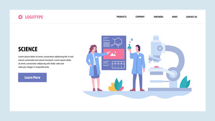 Vector web site gradient design template. Science experiment in a lab. Scientists, microscope, flask. Landing page concepts for website and mobile development. Modern flat illustration.