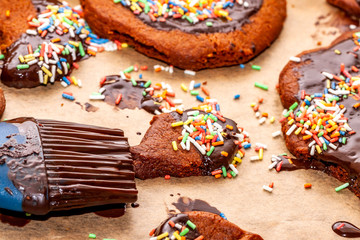 Preparing cookies with hot brown delicious molten chocolate and coarse sugar