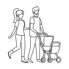 parents couple with cart baby characters
