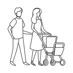 parents couple with cart baby characters