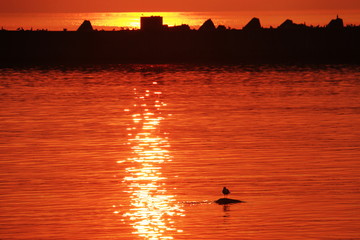北海道知床半島　夕焼けのウトロ港