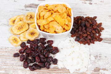 Healthy ingredients containing minerals, carbohydrates and dietary fiber, nutritious eating concept