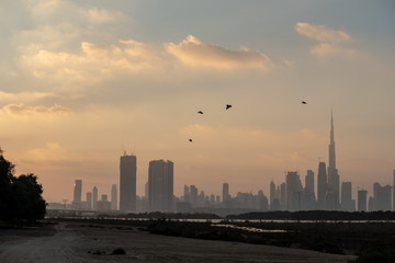 Obraz premium Dubai skyline from Ras Al Khor, United Arab Emirates