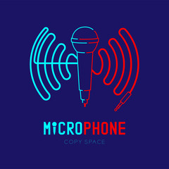 Microphone logo icon outline stroke with wave frame from cable dash line design illustration isolated on dark blue background with Microphone text and copy space, vector eps 10