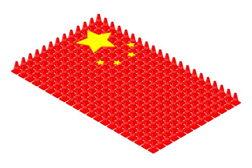 Isometric equipment traffic cone in row, China national flag shape concept design illustration isolated on white background, Editable stroke