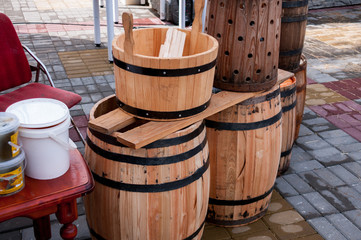 Russia, Khabarovsk, September 8, 2018: large wooden barrels