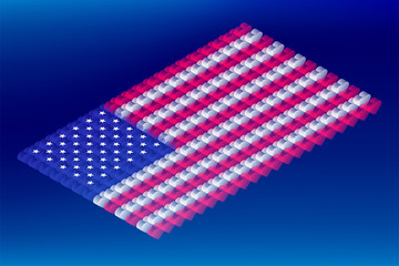 Isometric love heart box transparency, United States national flag shape, Blockchain cryptocurrency concept design illustration isolated on blue gradients background, Editable stroke