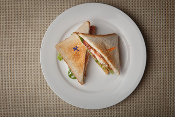Sandwich with red fish and greens on a plate
