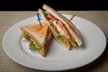 Sandwich with red fish and greens on a plate