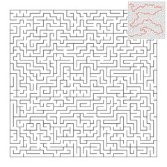 Difficult square maze. Game for kids. Puzzle for children and adult. One entrance, one exit. Labyrinth conundrum. Flat vector illustration isolated on white background. With answer.