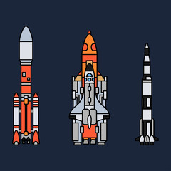 Line color vector icon set elements of aerospace program multistage rocket. Cartoon style rocket, astronaut adventure. Spaceship technology illustration. Space investigations. Galaxy. Clipart logo.