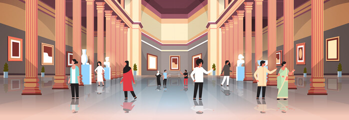 tourists visitors in classic historic museum art gallery hall with columns interior looking ancient exhibits and sculptures collection flat horizontal banner - obrazy, fototapety, plakaty