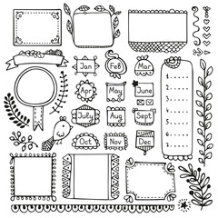 Bullet journal hand drawn vector elements for notebook, diary and planner. Doodle frames isolated on white background. 